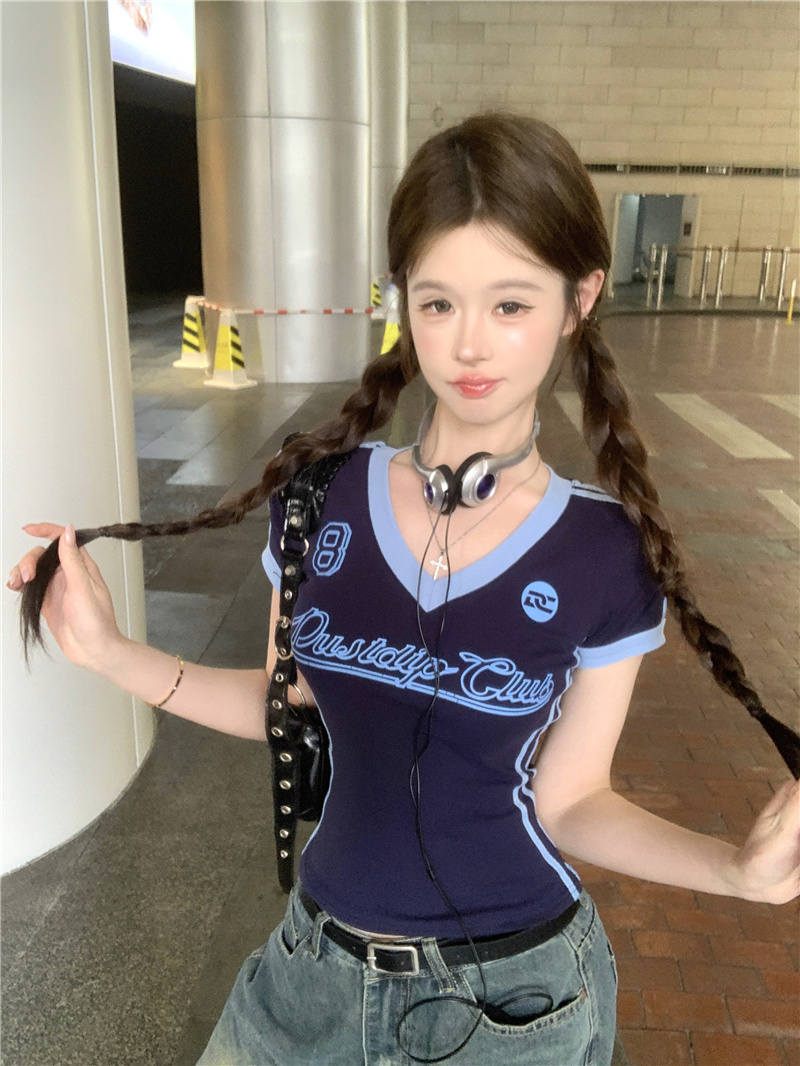 Photographed ~ American-style jersey V-neck regular shoulder short-sleeve t-shirt for women, summer new version, spicy girl slim-fitting top