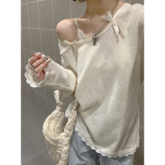Real shot of spring and summer Korean style loose and off-shoulder sweet bow Laiser blouse long-sleeved sunscreen T-shirt for women