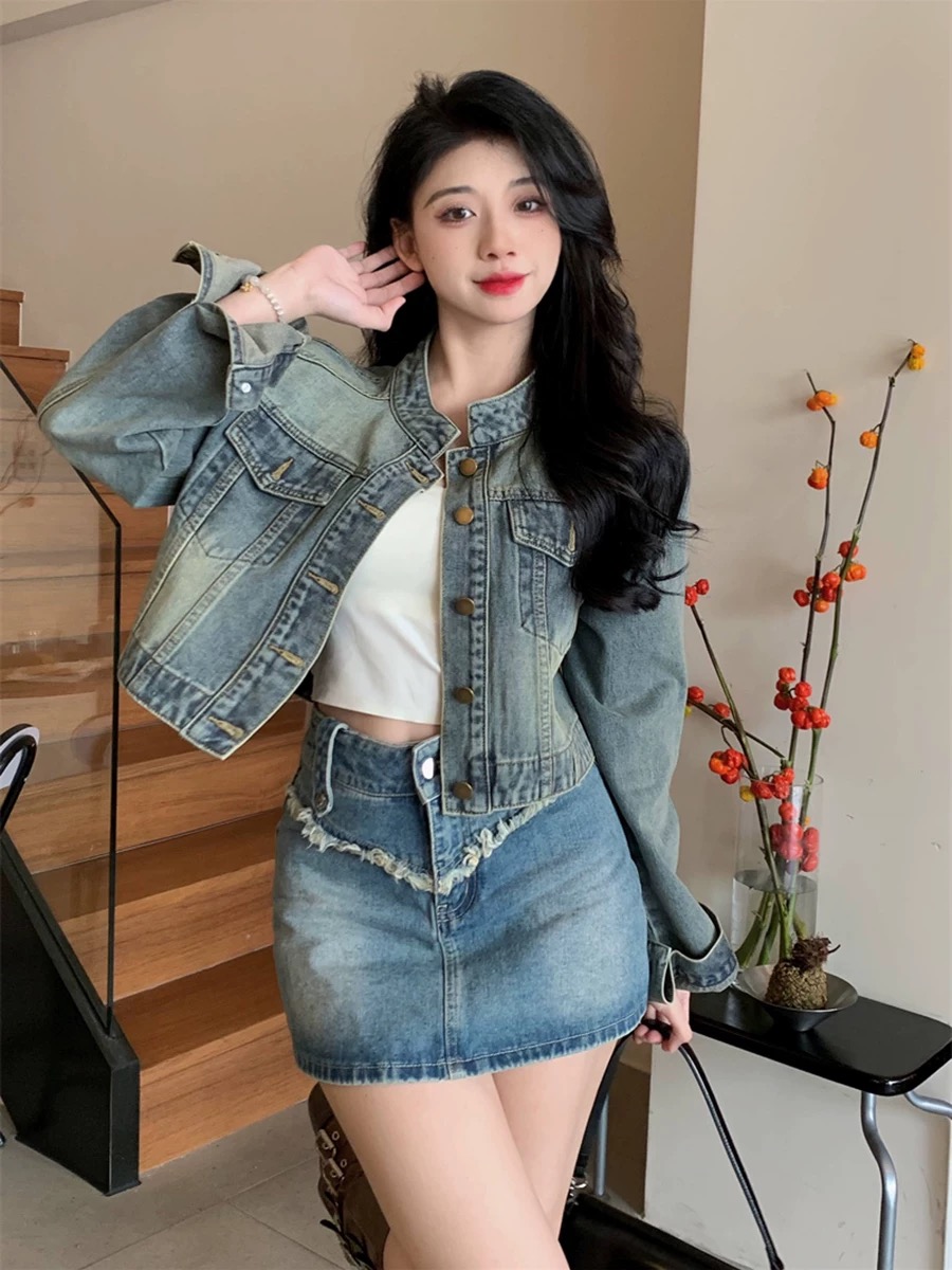 復古立領短款牛仔外套女春季2025新款港味設計感寬鬆時尚長袖上衣