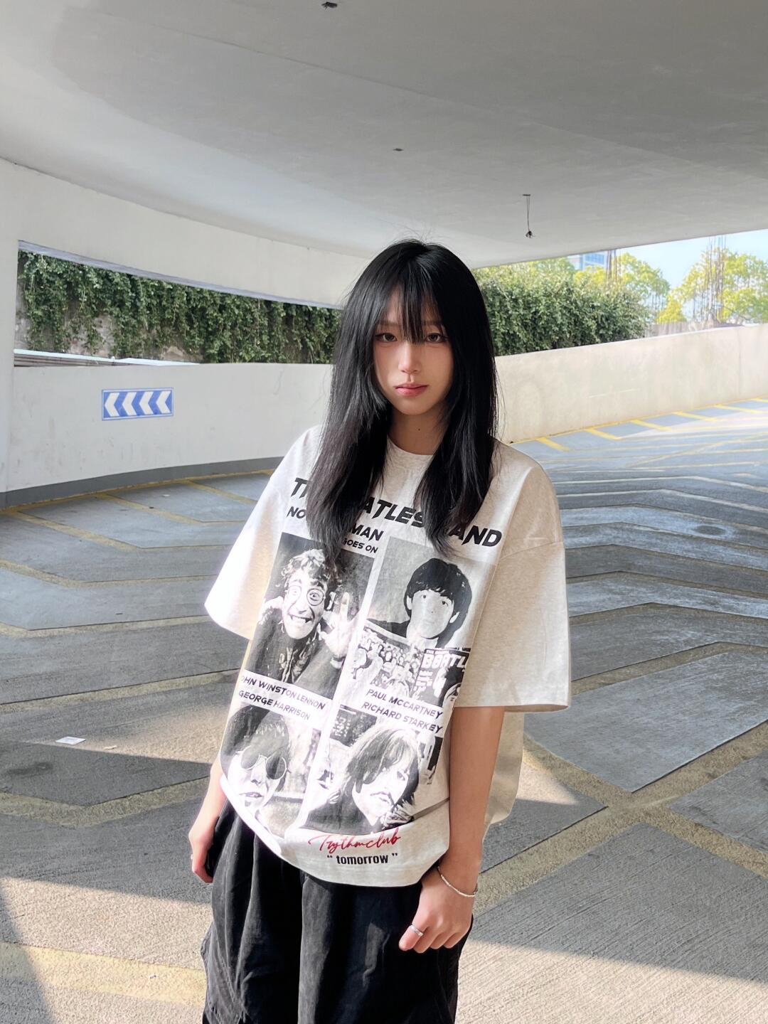 High-quality pure cotton 200g combed tight 100% cotton live broadcast same product front printed loose short-sleeved T-shirt for women