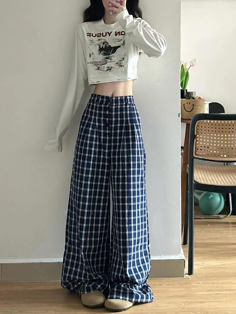 韓系復古藍色格子闊腿褲女春秋薄款慵懶風休閒高腰寬鬆拖地長褲子