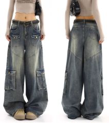 設計感多口袋工裝牛仔褲女春秋新款美式高街水洗做舊寬鬆闊腿褲子