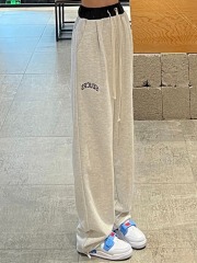 實拍 春季灰色運動褲女高腰闊腿垂感直筒休閒寬鬆美式衛褲