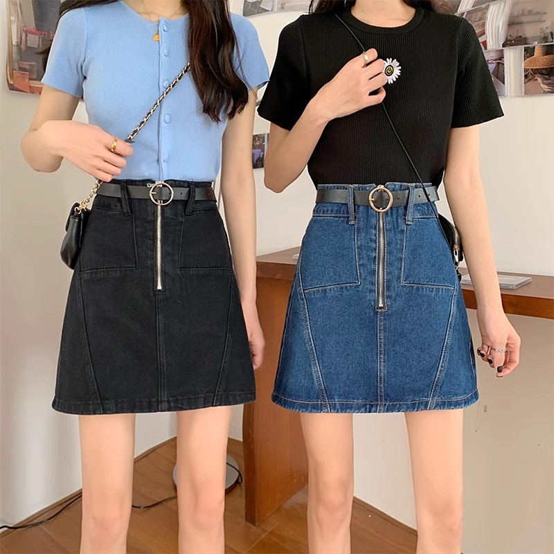 高腰牛仔半身裙女夏季設計感小眾a字顯瘦大碼胖mm學生黑色短裙子