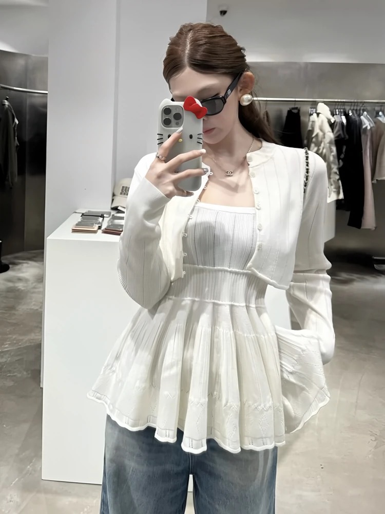 甜氧jennie同款韓系白色針織開衫收腰吊帶裙上衣女芭蕾風兩件套