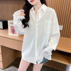 Real photo Korean spliced ​​lace collar long-sleeved shirt spring and summer new loose mid-length chic cardigan top