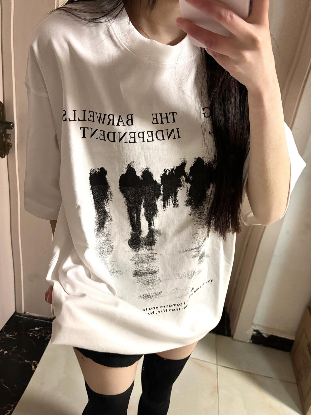 High-quality pure cotton 200g combed tight 100% cotton live broadcast same product front printed loose short-sleeved T-shirt for women