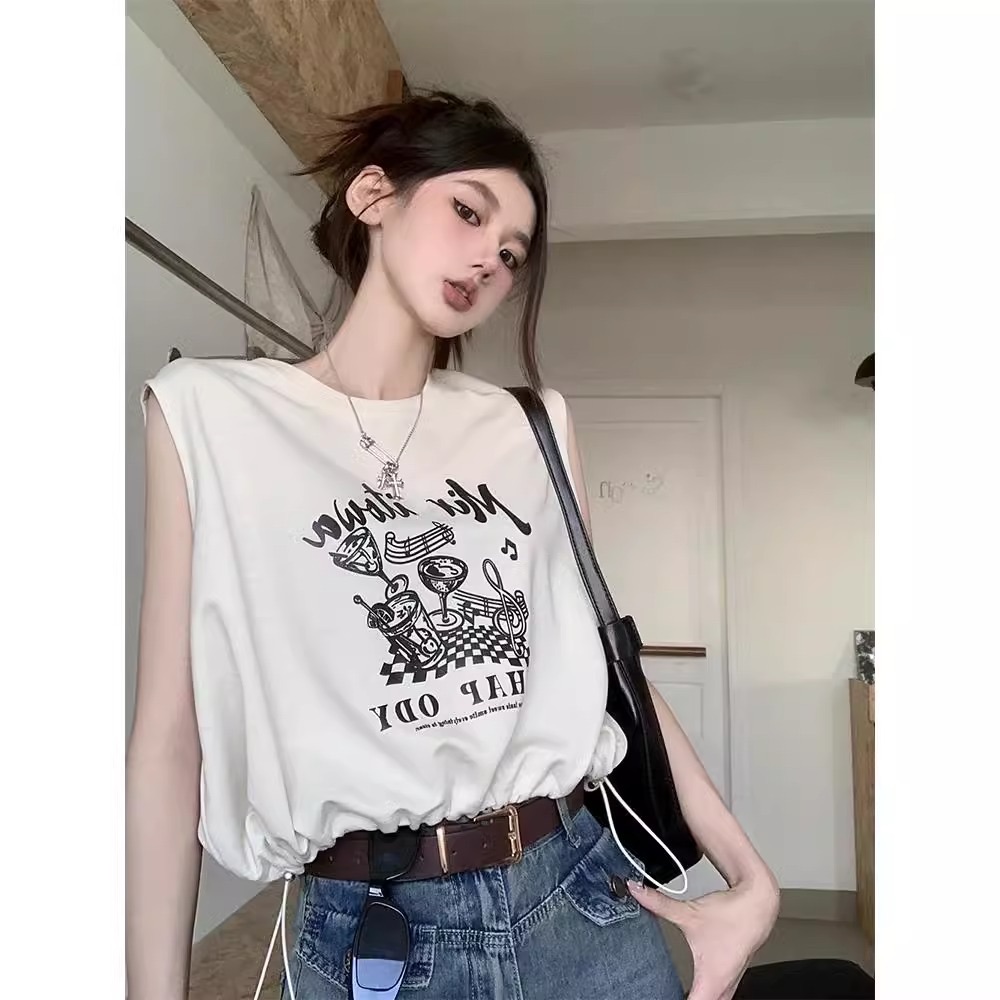 美式復古辣妹正肩無袖T恤女夏季小個子寬鬆顯瘦短款抽繩背心上衣