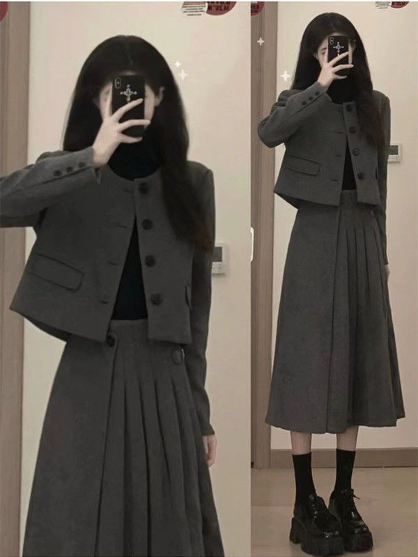 原版質量毛呢套裝裙新款氣質小個子短款外套女半身裙兩件套