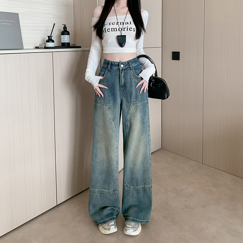 實拍~復古牛仔褲女2025春季新款美式水洗做舊寬鬆牛仔長褲子