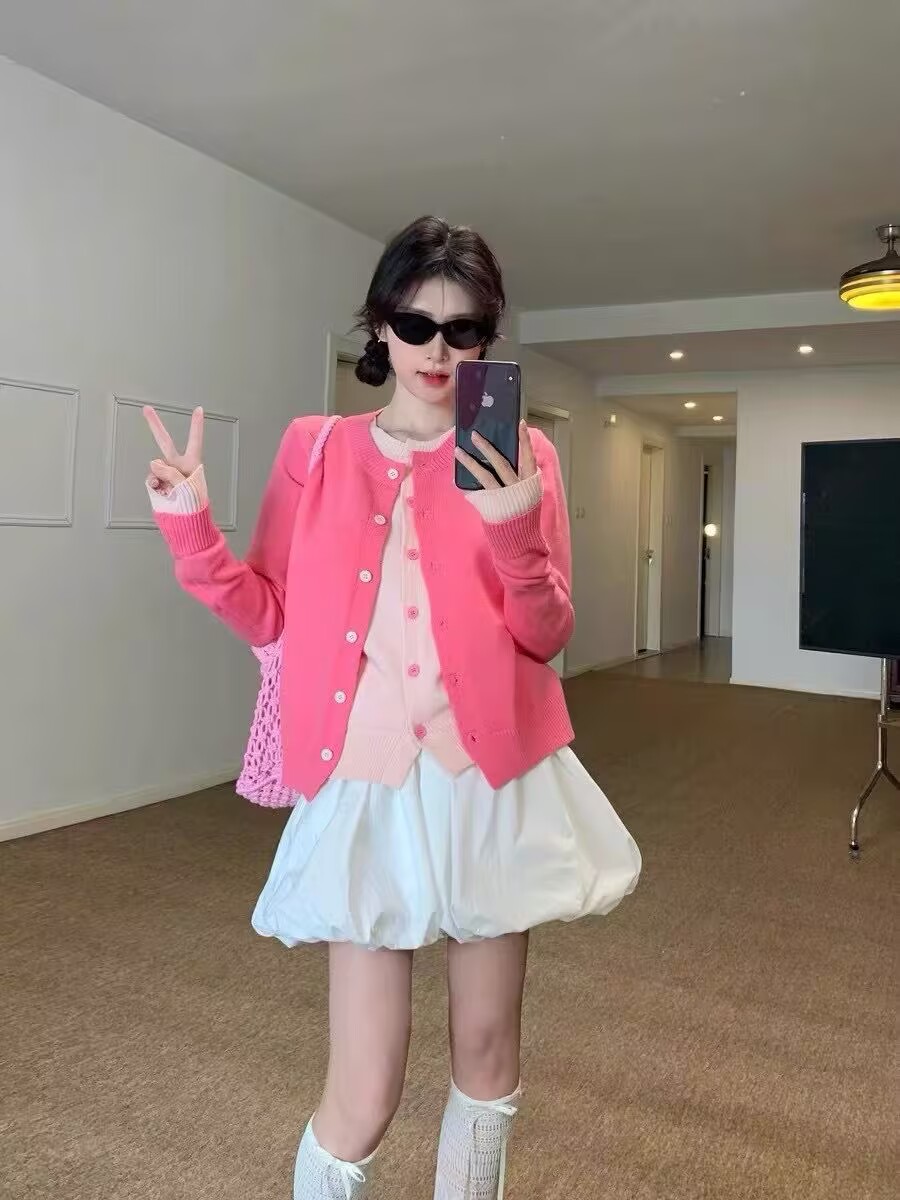 甜美風粉色假倆件開衫上衣春季套裝女一整套ootd穿搭新款花苞裙潮