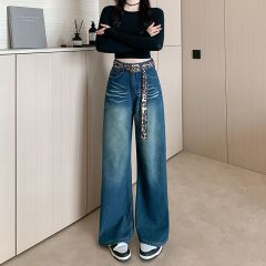 Photographed~ American retro pocket design wide-leg jeans for women, new high-waisted loose straight-leg pants