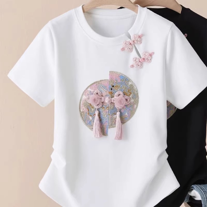 原版做工新中式短袖圓領T恤女夏季款設計感國風刺繡上衣純色