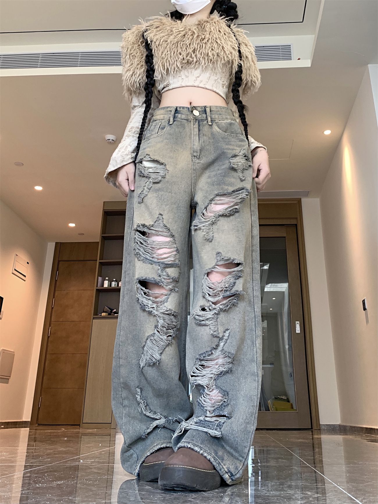 實拍！！！廢土風破洞牛仔男女設計感高街寬鬆顯瘦闊腿拖地褲