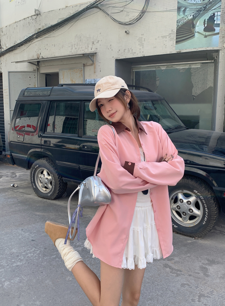 實拍韓系別致撞色襯衫外套女裝長袖2025春季新款設計感polo領粉色
