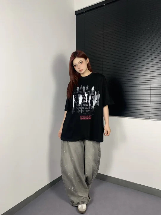 High-quality pure cotton 200g combed tight 100% cotton live broadcast same product front printed loose short-sleeved T-shirt for women
