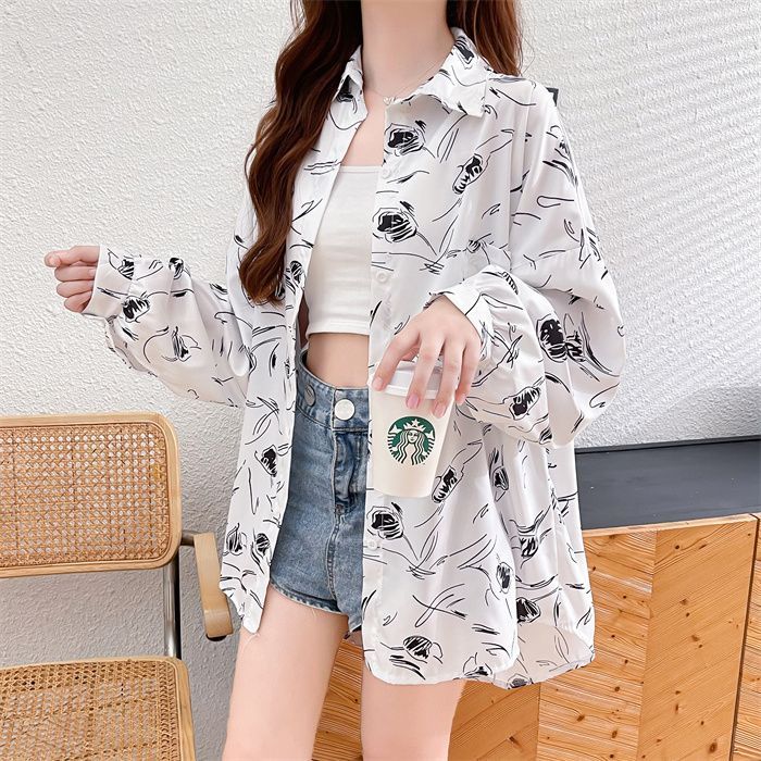 Real shot 100% polyester long-sleeved cardigan printed shirt jacket for women early spring shawl top