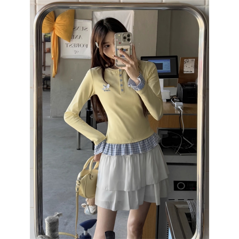Original workmanship yellow splicing plaid fake two-piece long-sleeved T-shirt for women 2025 small slim base shirt
