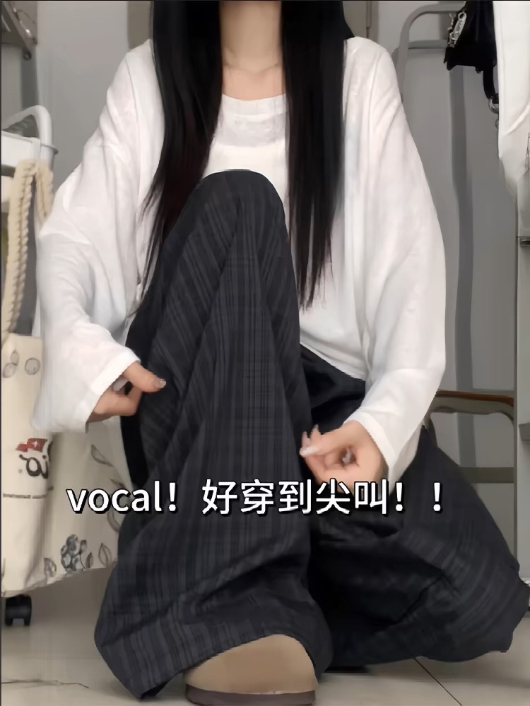原版高密格  復古格子褲女新款高腰休閒小個子慵懶垂感闊腿褲子