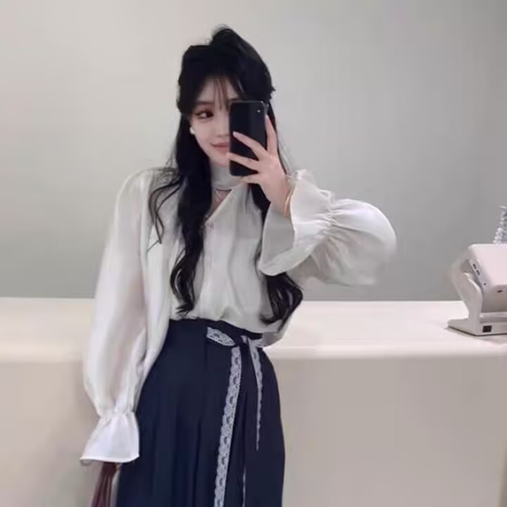 法式白色飄帶V領喇叭袖襯衫女蕾絲系帶藏藍色闊腿褲套裝