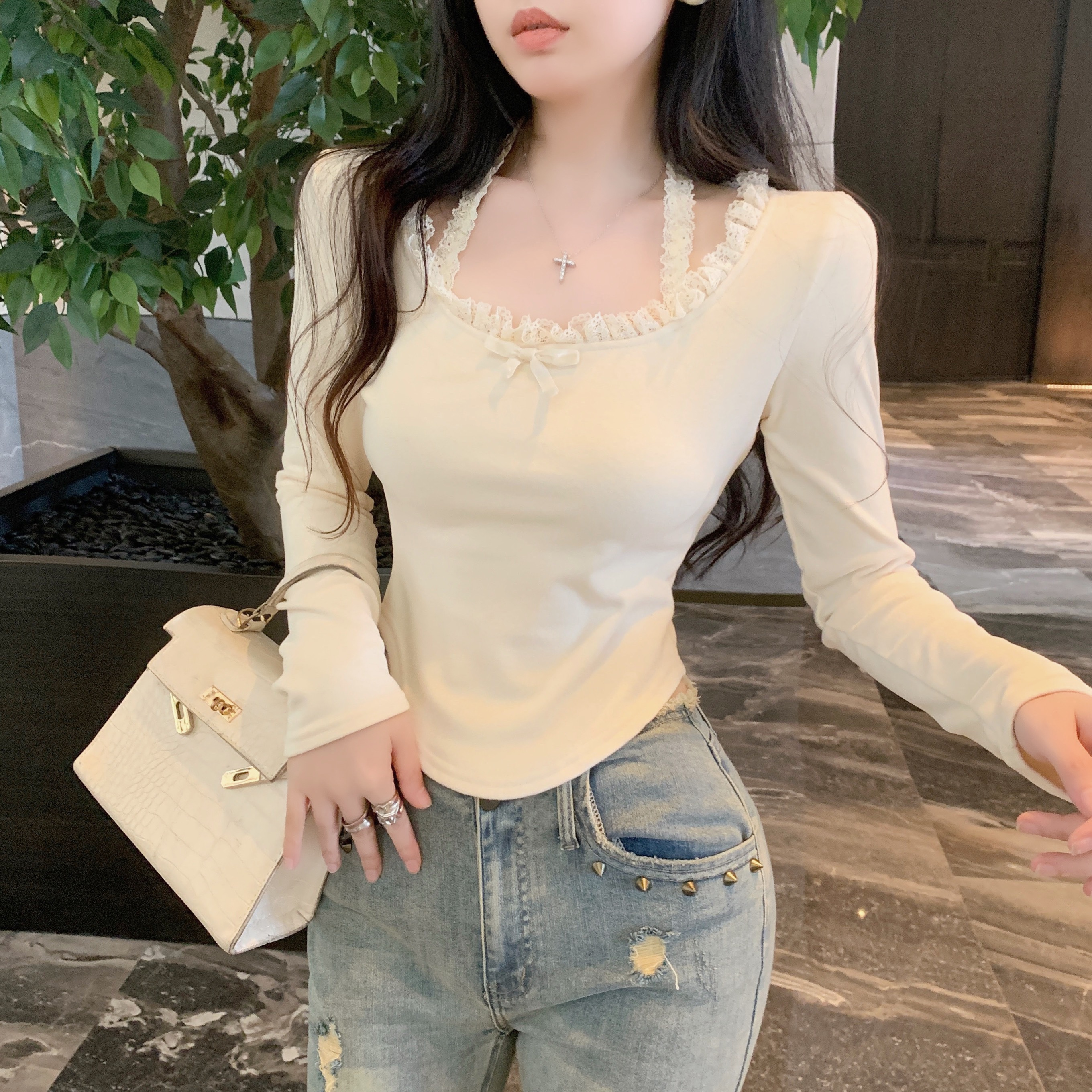 純欲長袖T恤秋冬掛脖設計修身發熱上衣女裝