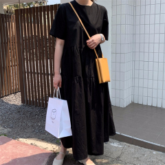 外貿赫本風黑色連衣裙女夏新款韓版寬鬆顯瘦短袖氣質大碼a字長裙