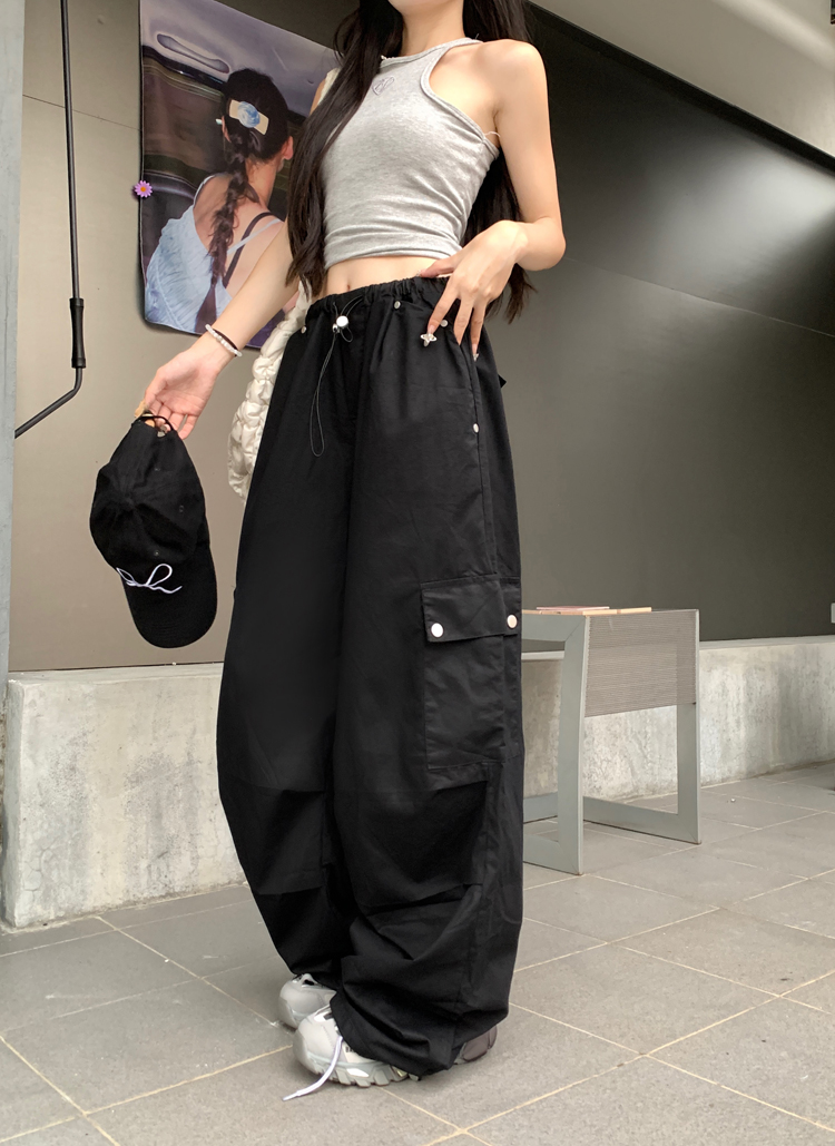 實拍美式設計感白色工裝褲女春季高腰設計感寬鬆闊腿褲抽繩拖地褲