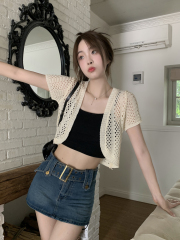 夏季針織短袖t恤鏤空鈎花防曬開衫女薄款小外套上衣空調罩衫外搭