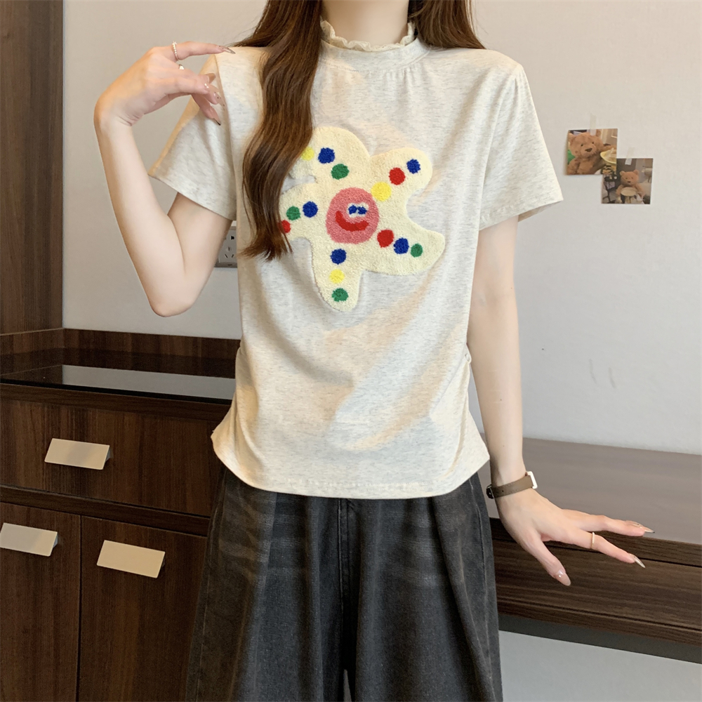 Real photo 40 pure cotton 210g 92 cotton/8 spandex short-sleeved T-shirt for women's towel embroidered lace