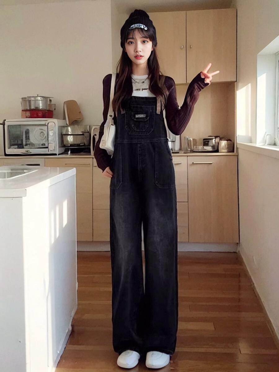 美式復古藍色牛仔背帶褲女小眾設計感高腰闊腿長褲小個子2025新款