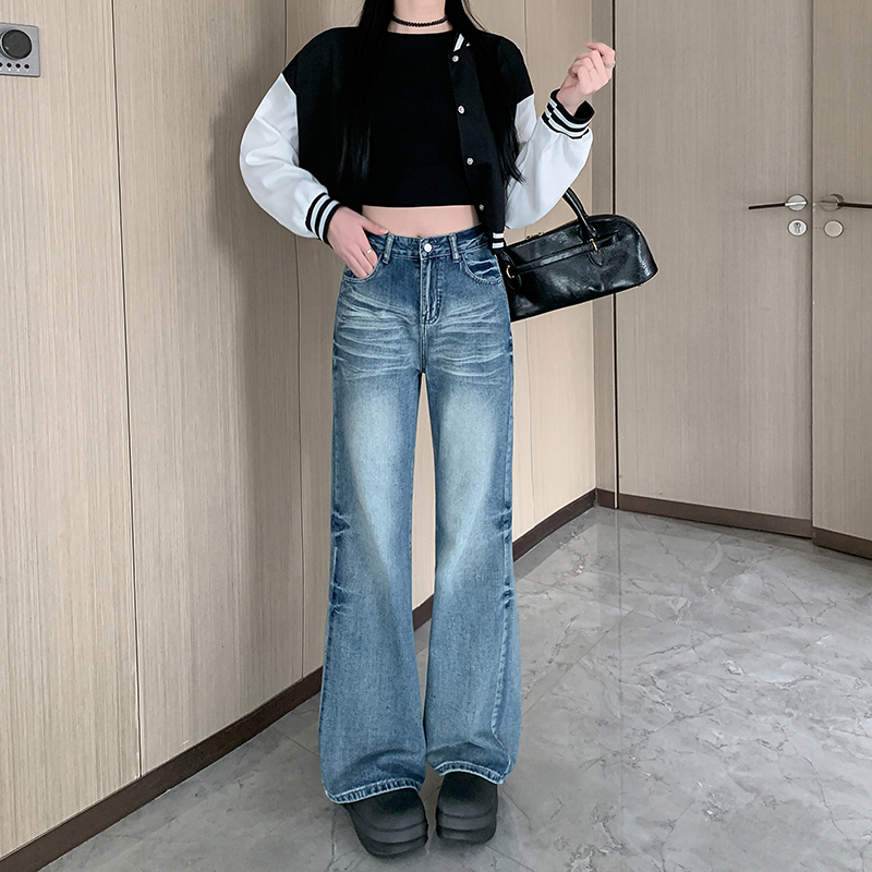 實拍~復古微喇叭牛仔褲女美式高街辣妹寬鬆百搭直筒闊腿褲子
