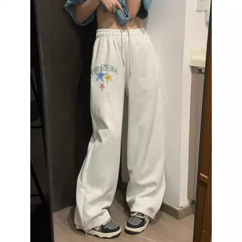 美式街頭灰色星星塗鴉運動衛褲女寬鬆bf慵懶風休閒直筒闊腿長褲子