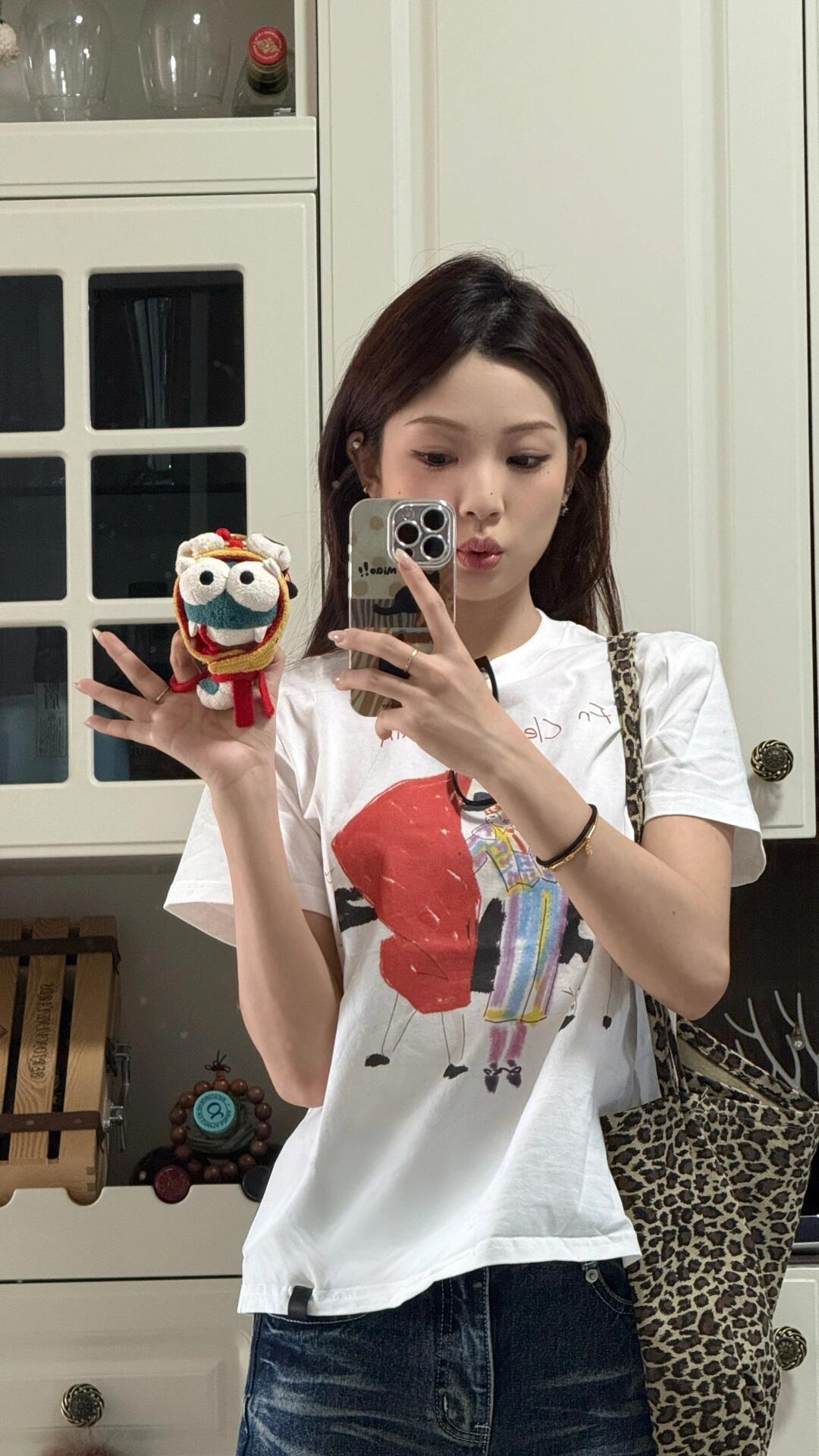 High-quality pure cotton 210g 40 Odale with elastic front printed slim short-sleeved T-shirt for women