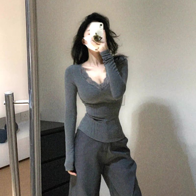 純欲春夏蕾絲花邊V領打底衫女高級感內搭獨特辣妹上衣