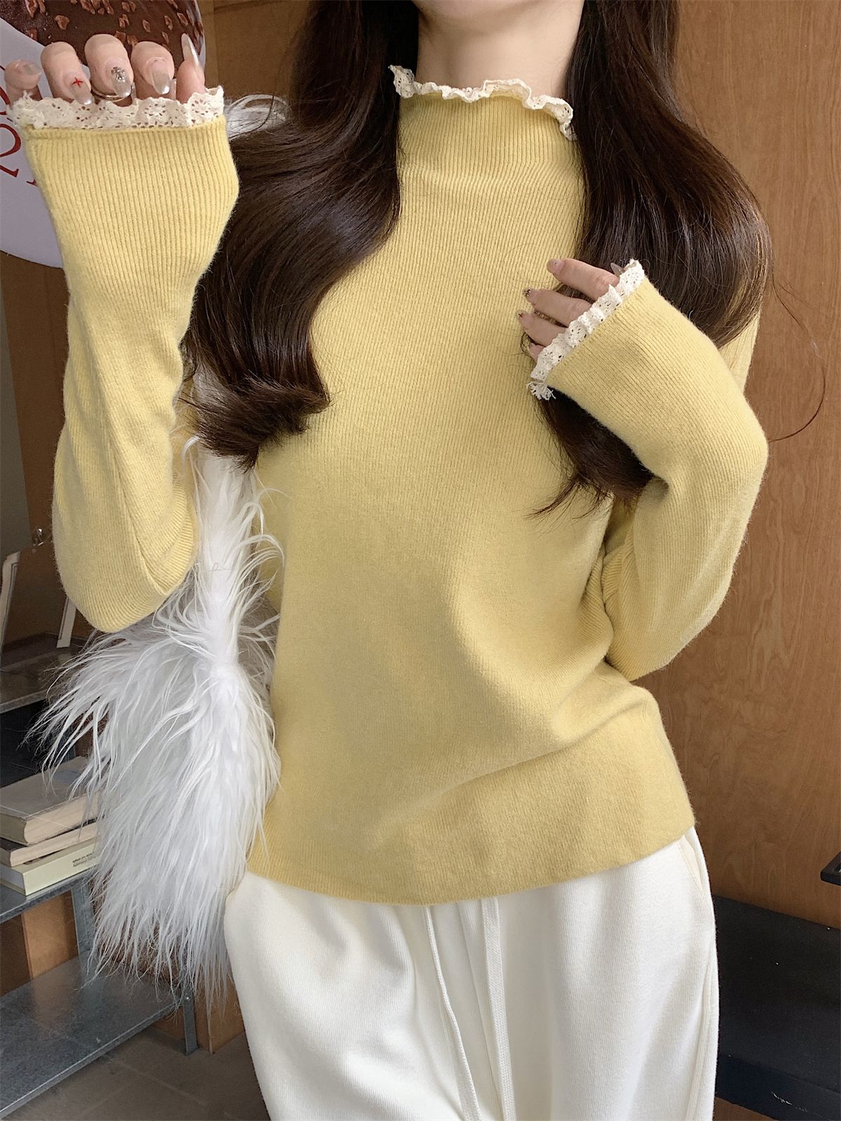 Light Yellow Wool Knitted Underwear Autumn and Winter Slim Fit Top Unique Design Sweet Ruffled Sweater 