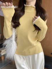 Light Yellow Wool Knitted Underwear Autumn and Winter Slim Fit Top Unique Design Sweet Ruffled Sweater 