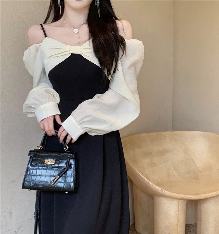 大碼春裝氣質露肩連衣裙女新款胖妹妹遮肚顯瘦法式赫本風裙子