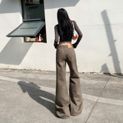 Real photo of 25 spring American high street coffee green wide-leg jeans women's retro Maillard casual floor pants