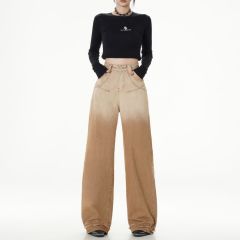 Japanese-style new long pants versatile light-colored high-waisted women's zip wide-leg pants trendy regular autumn wash