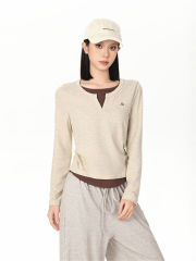 V-neck spliced faux two-piece embroidered long-sleeved T-shirt—autumn women's retro slimming versatile top