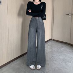 實拍~美式黑色條紋牛仔褲女新款高腰顯瘦寬鬆a字直筒褲休閒褲