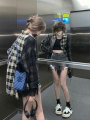 美式冪式穿搭辣妹設計感格子開衫夏季polo領小眾防曬長袖寬鬆襯衫