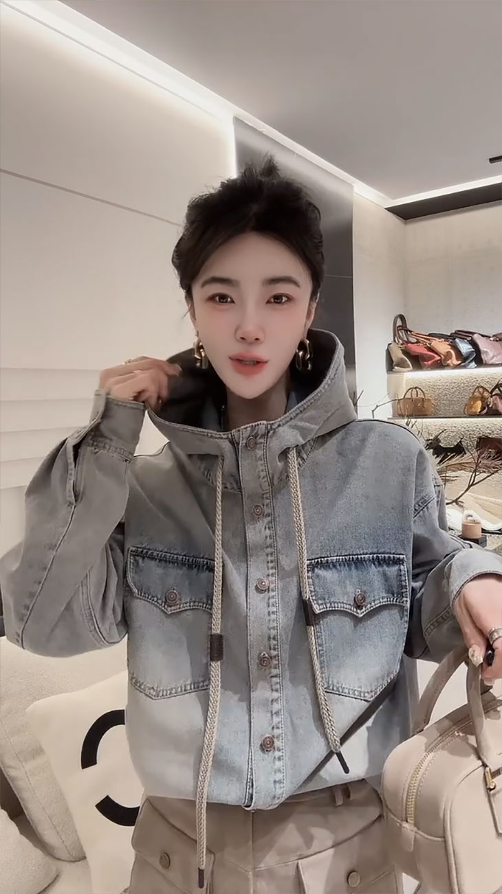 Vintage Hooded Long-Sleeve Denim Shirt for Women, Spring and Autumn Single-Collar Casual Blouse, Loose Work Jacket Outerwear