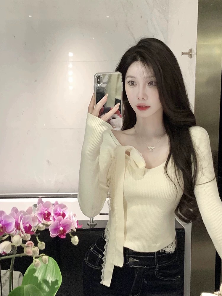 純欲性感辣妹V領飄帶針織衫毛衣女冬內搭絕美修身氣質打底衫上衣