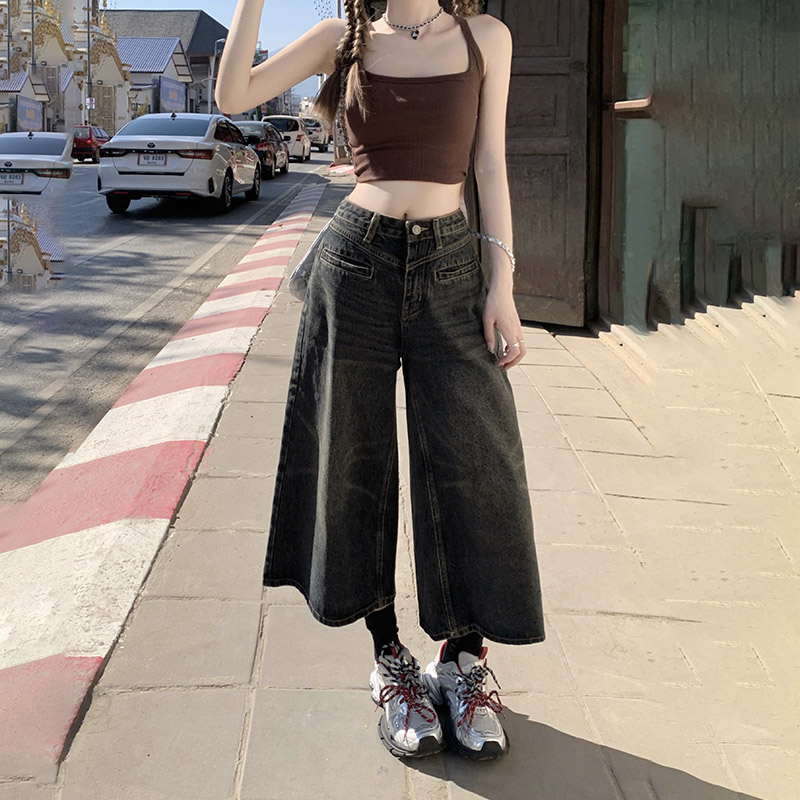 Real shot 2025 American retro nostalgic cropped pants loose wide-leg pants draped and versatile spring and summer straight jeans for women