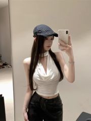 辣妹盪領掛脖吊帶背心女夏季修身顯瘦短款無袖露背上衣