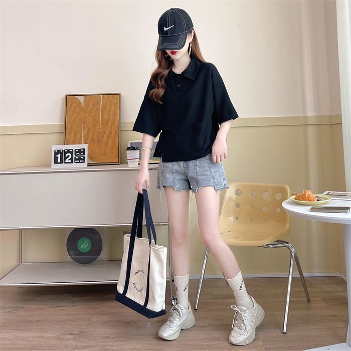 Real-life bag-collar waffle Korean short POLO neck slit niche summer short-sleeved T-shirt for women