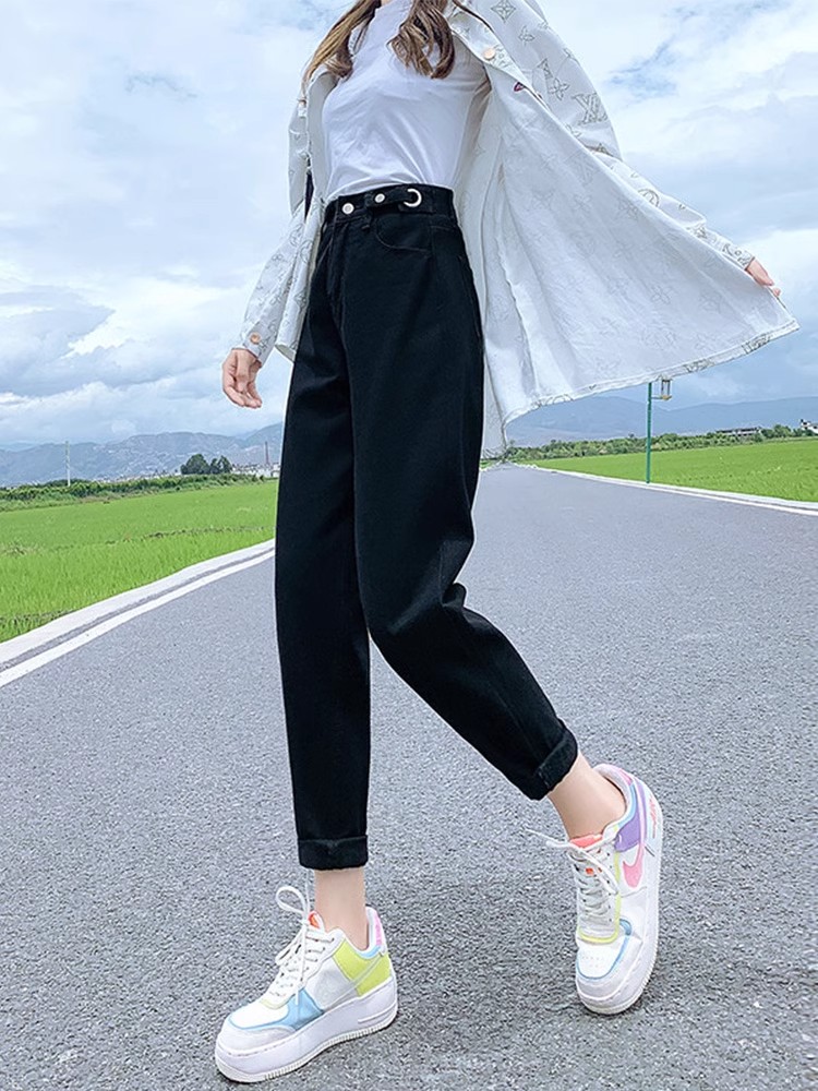 大碼胖MM哈倫牛仔褲女春秋季高腰顯瘦直筒寬鬆闊腿老爹蘿蔔褲子潮