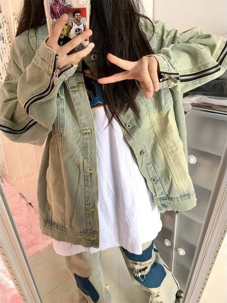 美式復古水洗牛仔外套做舊綠色秋季小眾歐美高街寬鬆夾克女潮