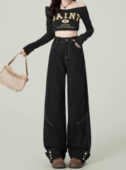 美式黑色重工翻邊闊腿牛仔褲女設計感高腰直筒拖地褲子